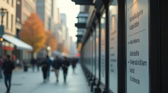 Une vue moderne et accueillante d'un espace public québécois avec une signalétique bilingue claire et esthétique intégrée en harmonie à l'architecture environnante.