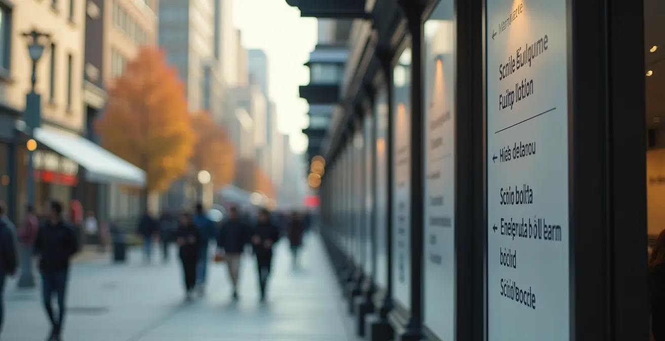 Une vue moderne et accueillante d'un espace public québécois avec une signalétique bilingue claire et esthétique intégrée en harmonie à l'architecture environnante.