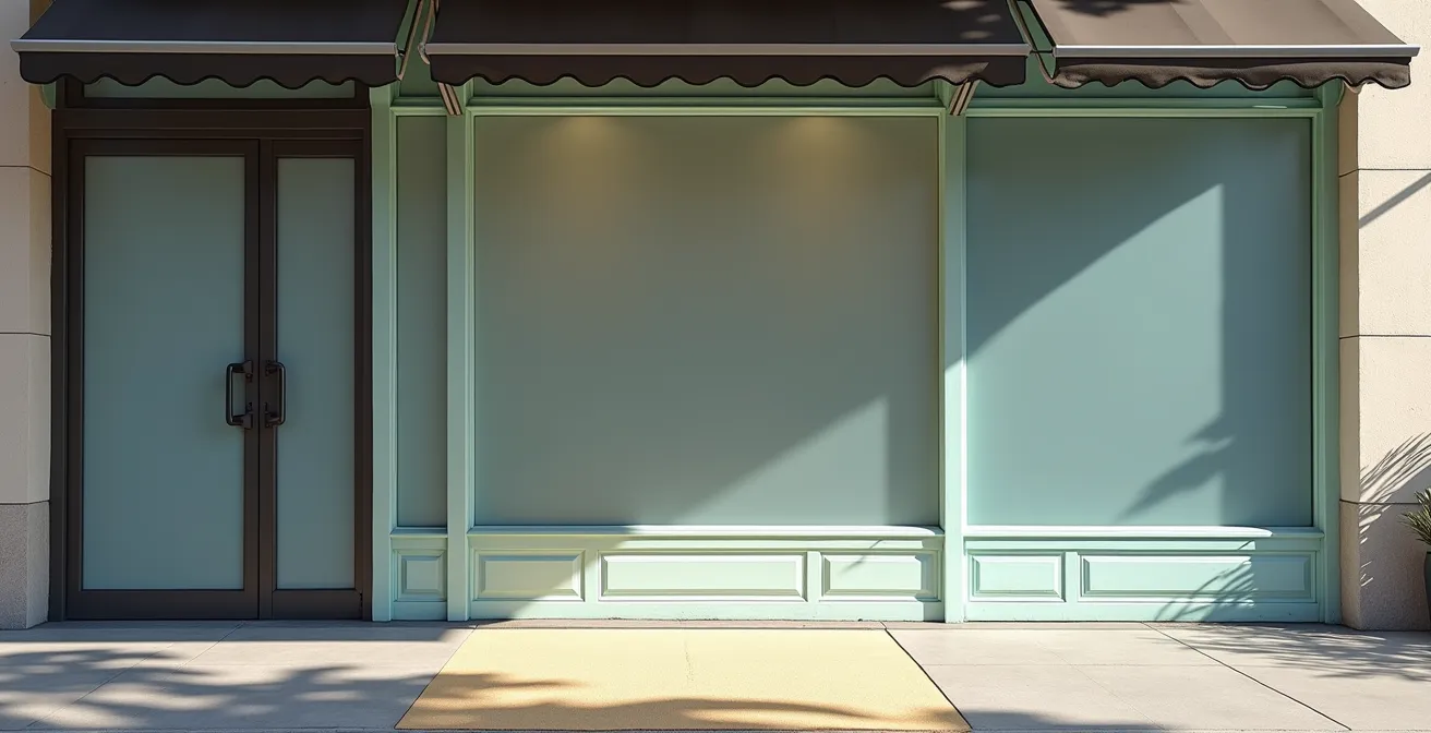 Une illustration comparative montrant trois types de vinyles pour vitrines : micro-perforé, dépoli et vitrophanie, chacun avec ses caractéristiques distinctes.