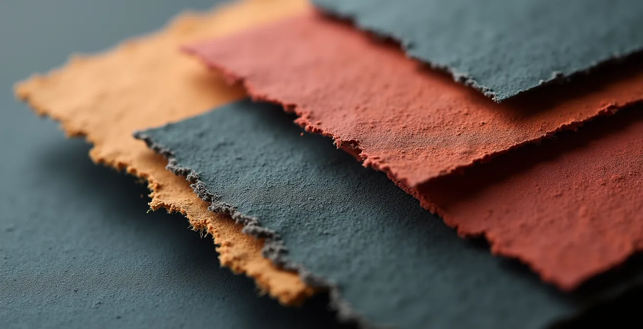 Gros plan sur divers papiers texturés allant de rugueux à veloutés, montrant un éventail de matériaux avec des finitions spéciales