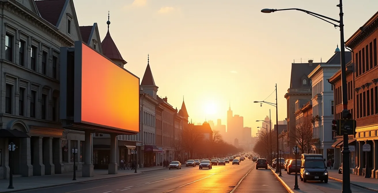 Vue large d'un panneau publicitaire géant intégré dans le paysage urbain québécois au coucher du soleil