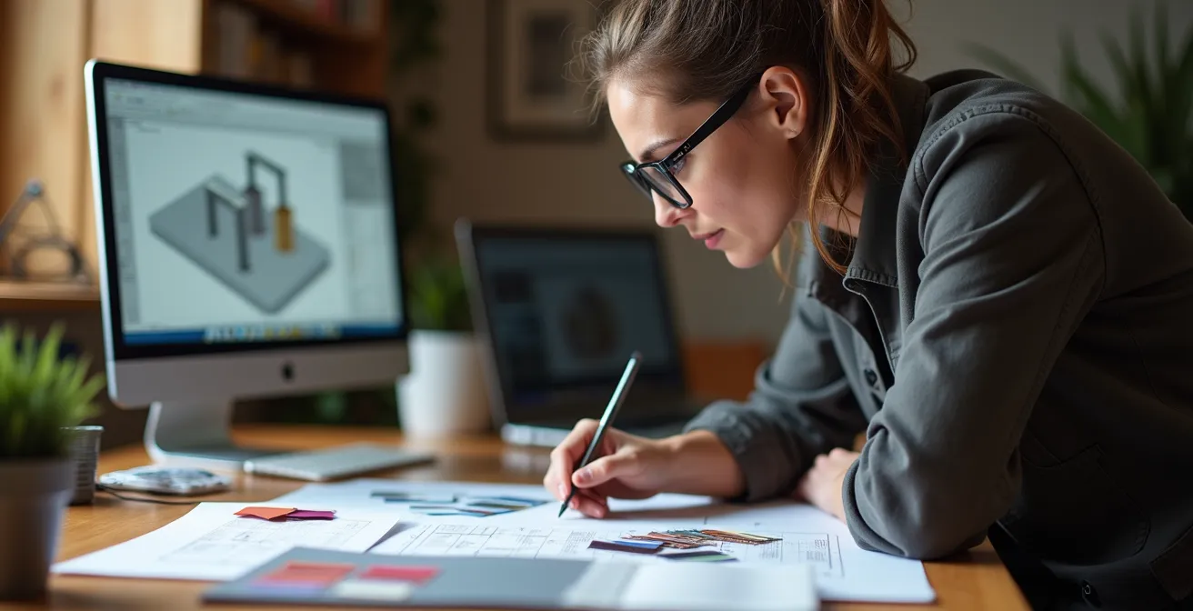 Bureau de designer analysant les contraintes techniques d'un projet d'impression complexe