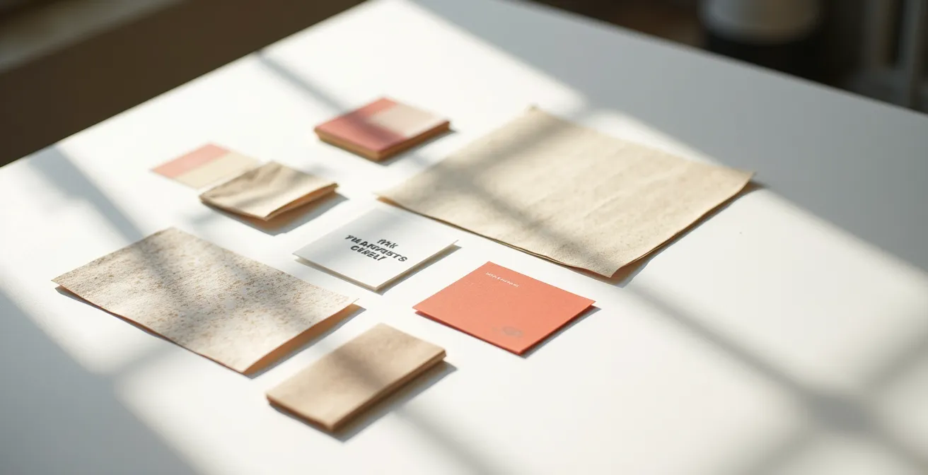 Vue aérienne minimaliste d'un bureau de design avec échantillons de packaging et palettes de couleurs