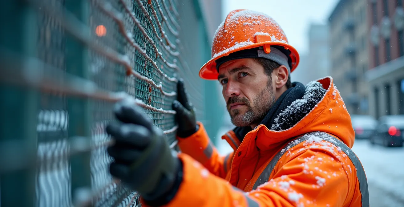 Banderole résistante installée pendant une tempête hivernale québécoise