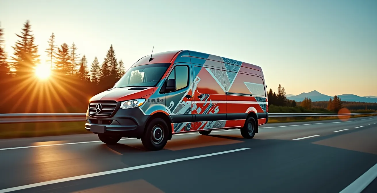 Vue latérale d'un camion commercial avec habillage vinyle professionnel circulant sur une autoroute québécoise