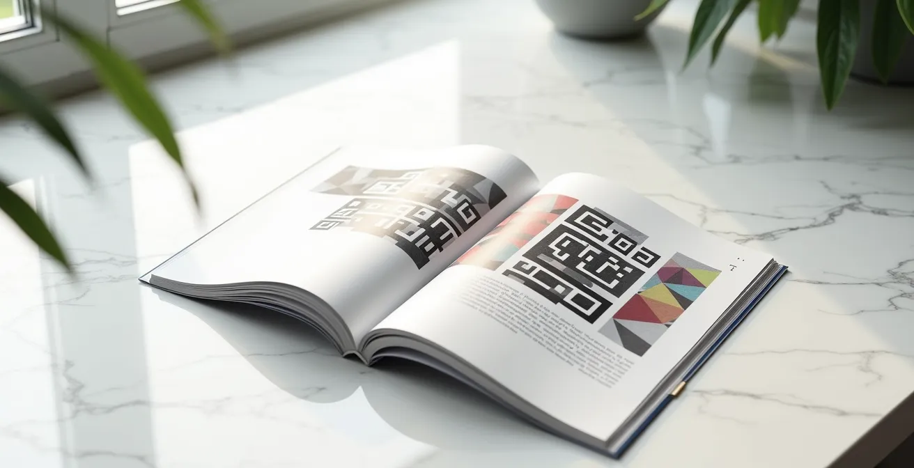Photographie minimaliste d'un catalogue ouvert montrant des codes QR intégrés dans un design épuré