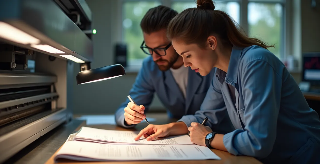 Moment de collaboration entre un designer et un maître imprimeur lors d'un BAT presse, examinant une feuille imprimée sous une lumière d'inspection.