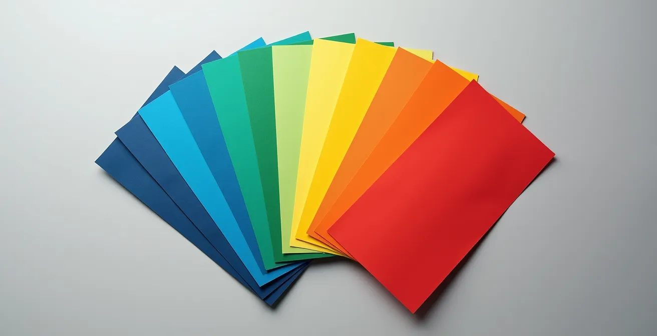 Nuancier Pantone ouvert montrant la richesse des teintes avec des échantillons de papier imprimé en offset