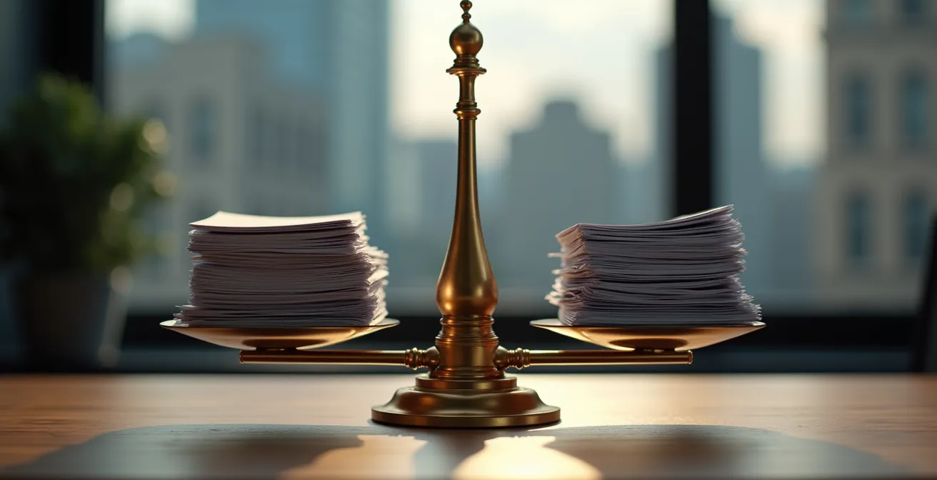 Composition symbolique montrant une balance équilibrant des piles de documents imprimés de différentes hauteurs
