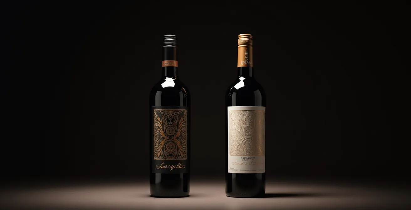 Deux bouteilles de vin côte à côte montrant la différence drastique entre une étiquette premium et une basique