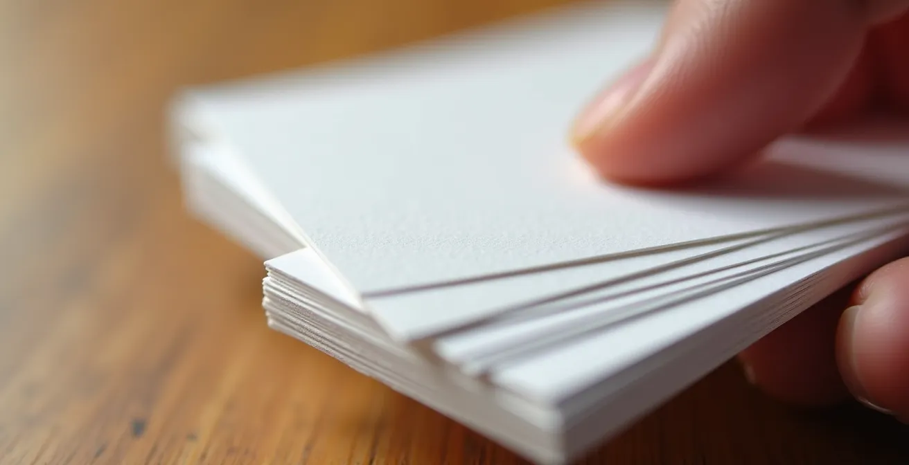 Cartes d'affaires de différents grammages disposées en éventail montrant l'épaisseur progressive