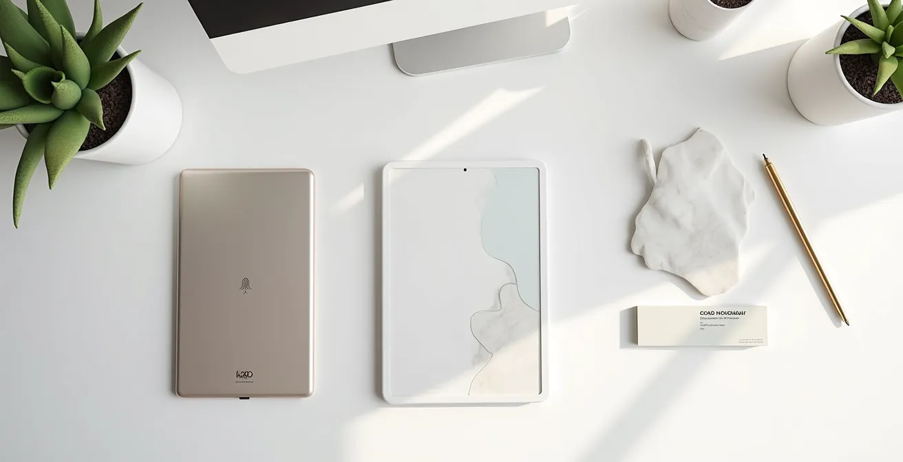 Vue aérienne minimaliste montrant des supports imprimés et un écran de tablette posé à plat sur un bureau épuré