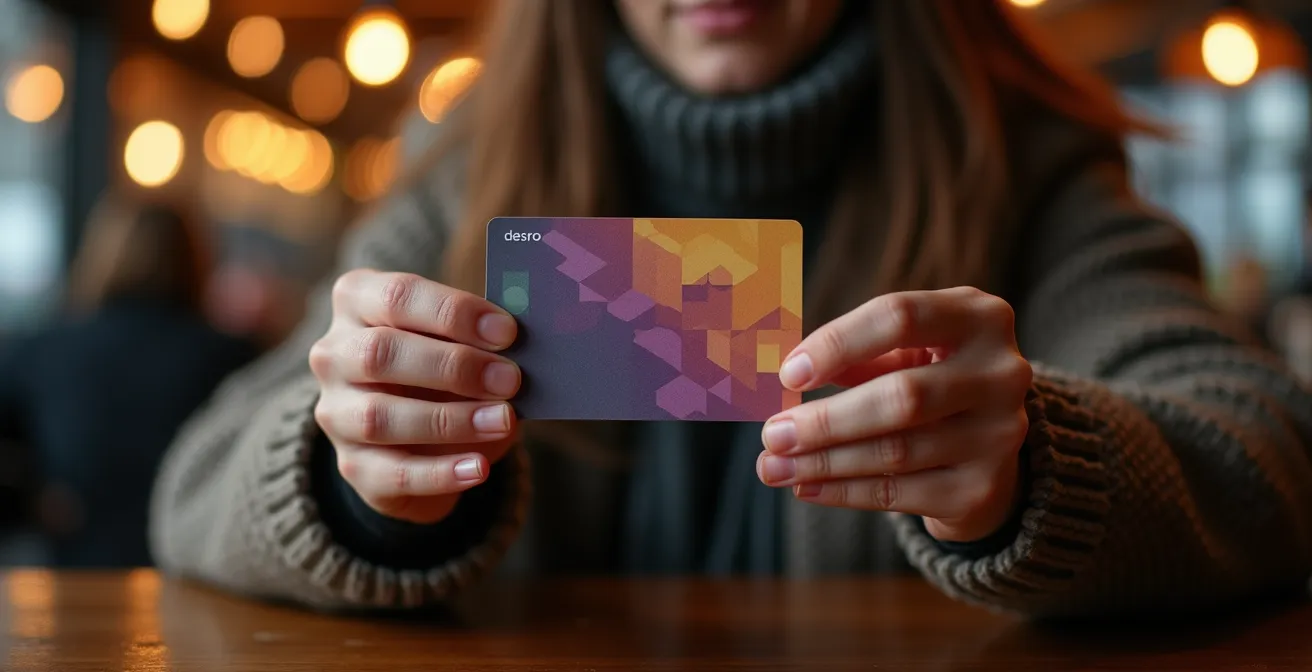 Portrait rapproché d'une main tenant une carte avec motifs géométriques dans un café montréalais