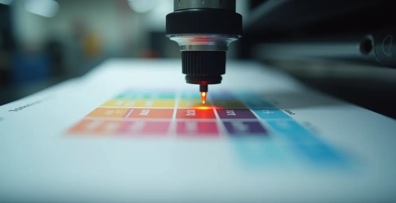 Gros plan macro sur un spectrophotomètre mesurant une bande de contrôle couleur sur une feuille imprimée