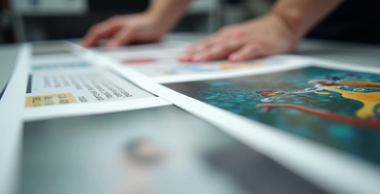 Gros plan macro d'échantillons d'impression colorés avec effet de profondeur de champ, mains floues manipulant des prototypes