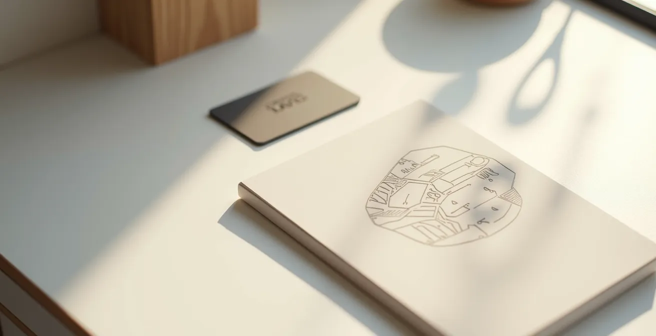 Vue plongeante d'un bureau minimaliste avec manuel haut de gamme et carte de garantie épaisse disposés élégamment