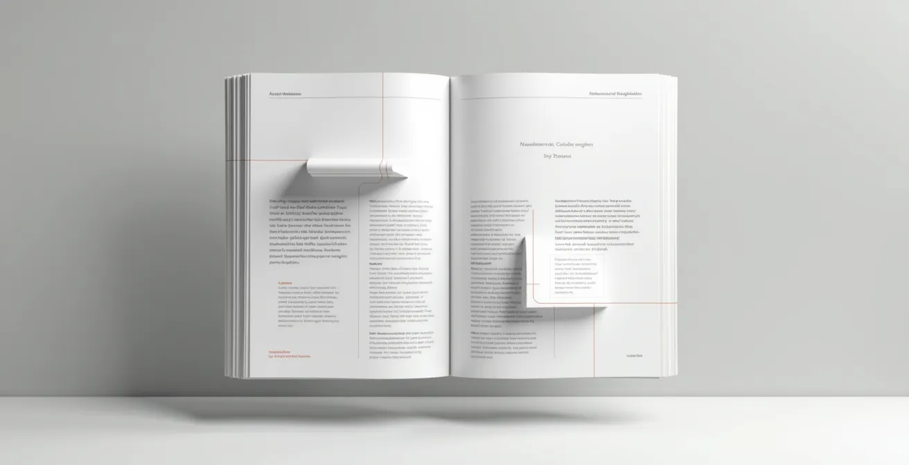 Système de grille asymétrique montrant l'intégration harmonieuse du français et de l'anglais dans une mise en page magazine avec colonnes distinctes mais équilibrées