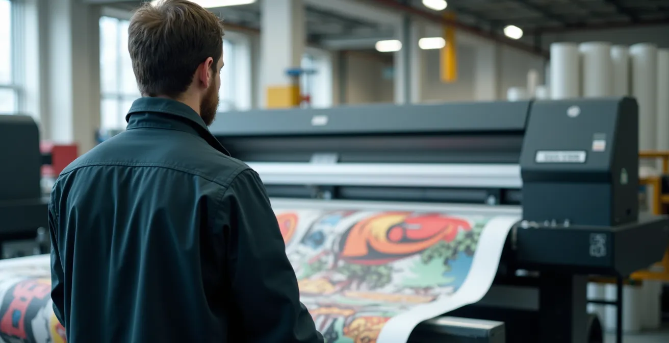 Perspective humaine d'un technicien supervisant l'impression d'une affiche monumentale dans un atelier québécois