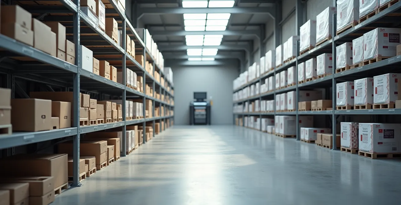 Vue d'ensemble minimaliste d'un espace de stockage moderne avec étagères organisées et zone d'impression numérique