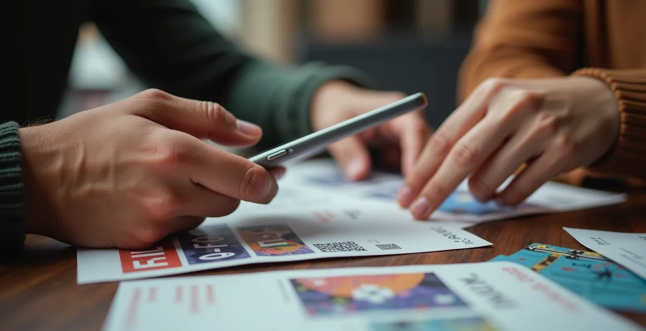 Mains tenant un smartphone scannant un support imprimé avec éléments interactifs