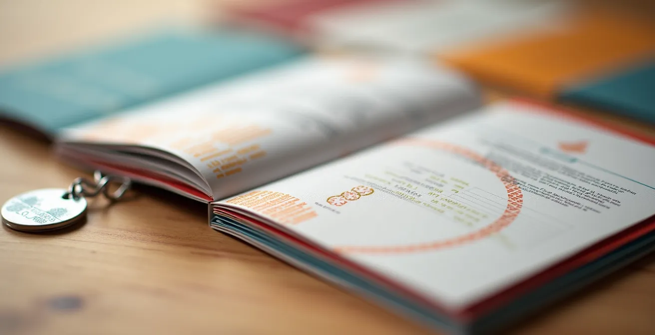 Kit de documents événementiels bilingue avec programme, plan du lieu et badges disposés sur surface en bois