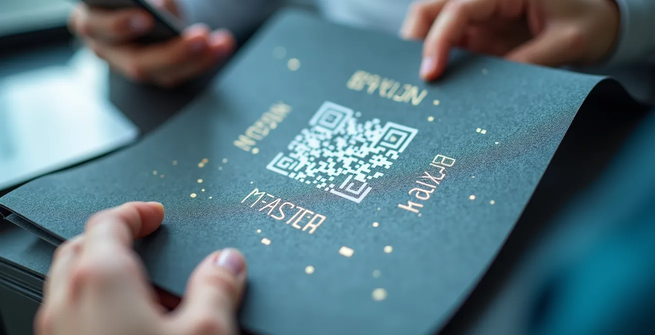 Vue macro détaillée d'un code QR sur une brochure avec des éléments de tracking visibles en arrière-plan