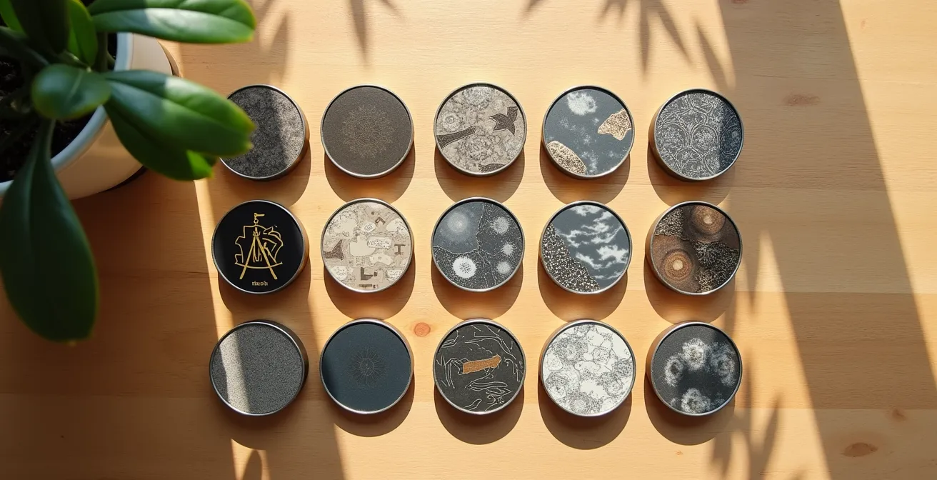 Vue aérienne minimaliste d'objets de collection d'une marque disposés sur une surface en bois d'érable