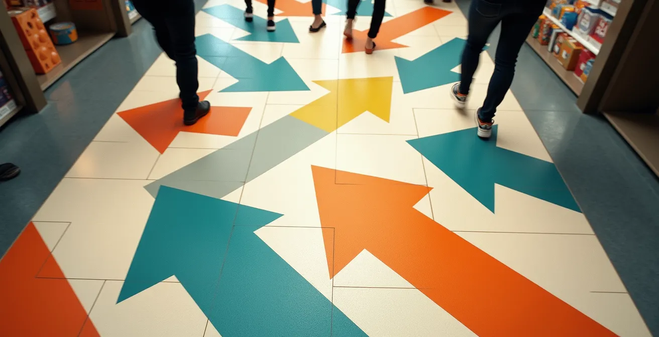 Vue plongeante d'un marquage au sol créatif guidant les clients dans un espace commercial québécois