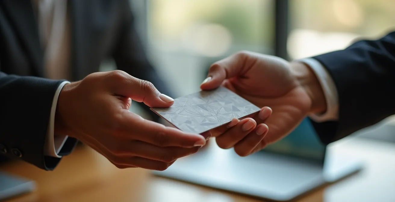Portrait rapproché de mains échangeant une carte de visite élégante avec finition premium