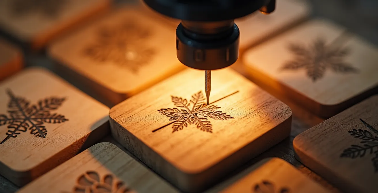 Gravure laser en cours sur objets promotionnels en bois d'érable québécois