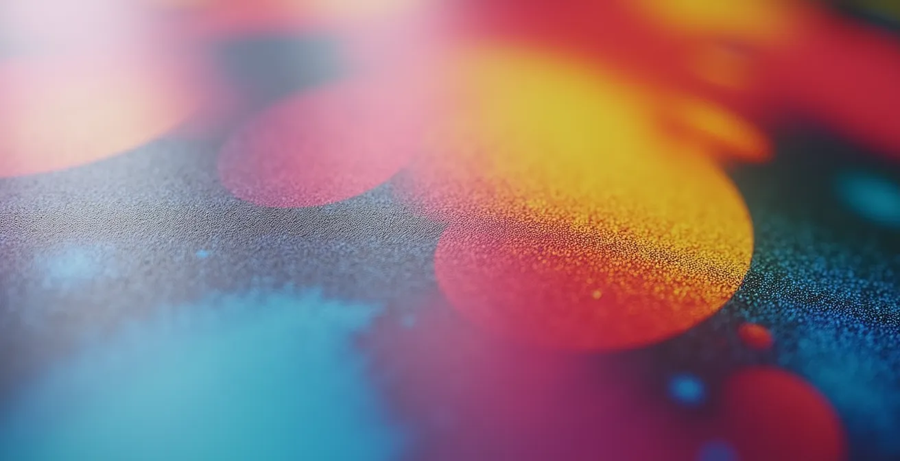 Vue macro détaillée d'une impression grand format montrant la trame d'impression et la qualité des couleurs