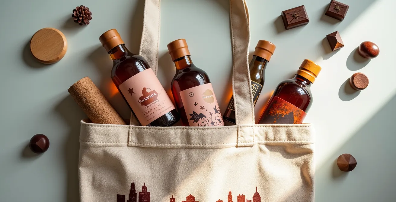 Sac en toile personnalisé avec produits artisanaux québécois disposés artistiquement