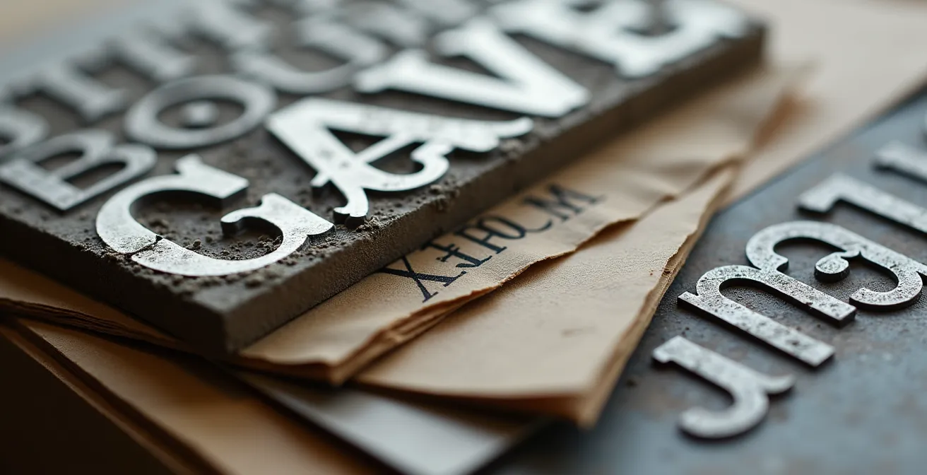 Gros plan macro sur des caractères d'imprimerie traditionnels avec des textures de papier artisanal québécois