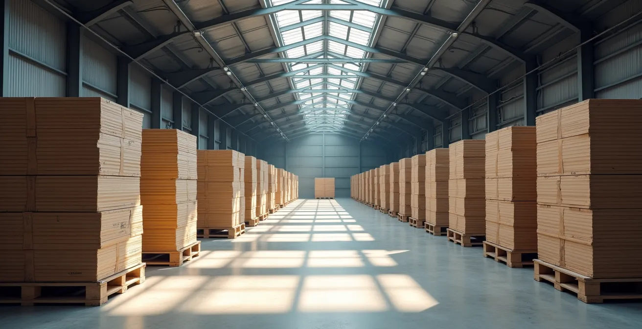 Entrepôt industriel avec palettes de documents imprimés empilés montrant l'espace de stockage nécessaire