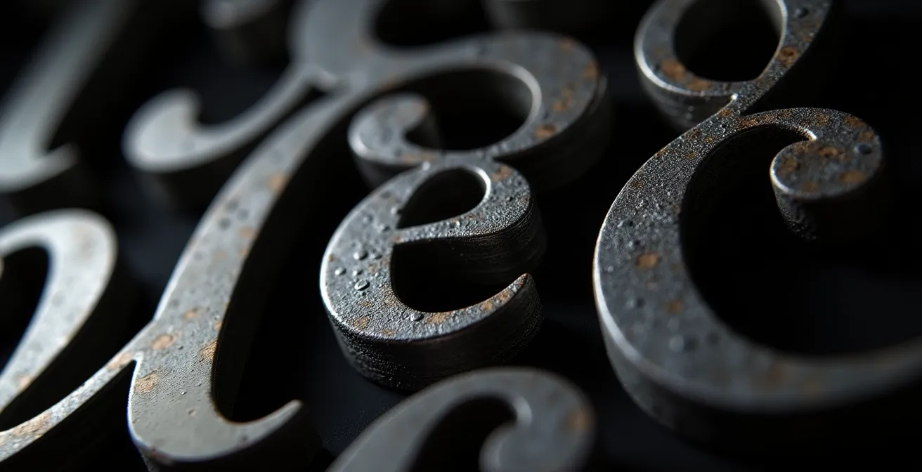 Composition macro montrant des détails de caractères typographiques avec accents français, créant une texture abstraite de courbes et de lignes