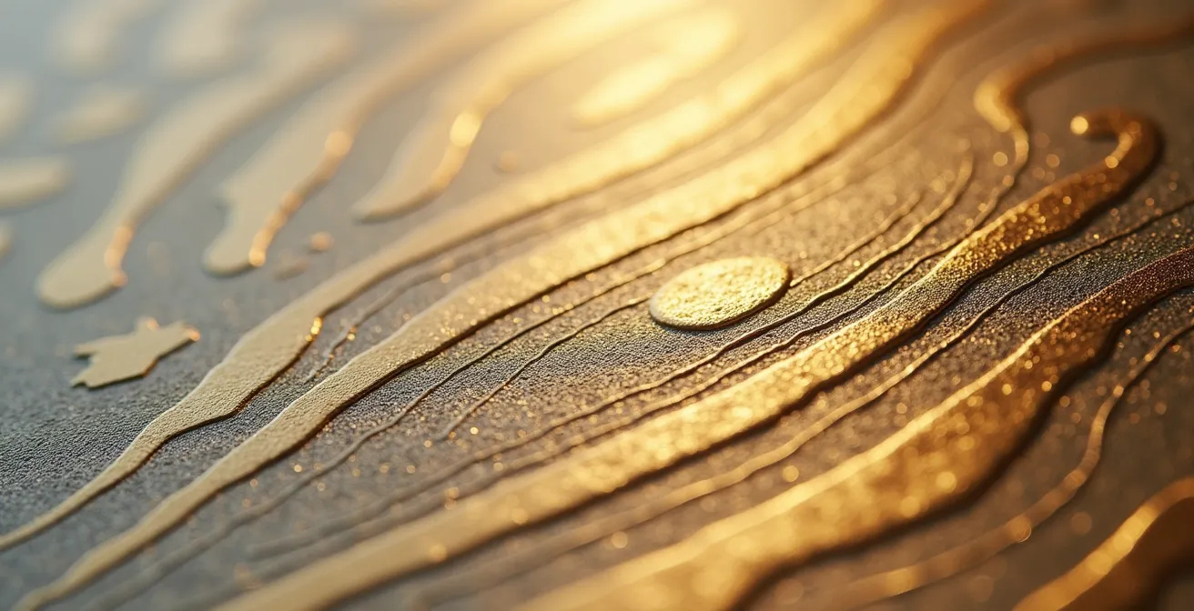 Photo macro extrême de la texture d'un papier artisanal avec dorure à chaud