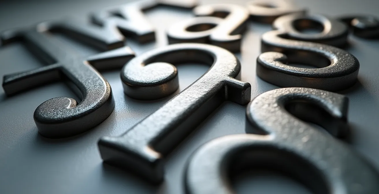 Macro détaillée de caractères typographiques en relief montrant les courbes et contrastes d'une police emblématique