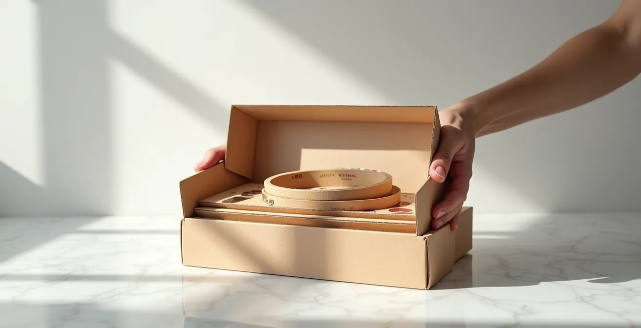 Vue d'ensemble d'un emballage sophistiqué partiellement ouvert révélant des couches successives dans une mise en scène élégante