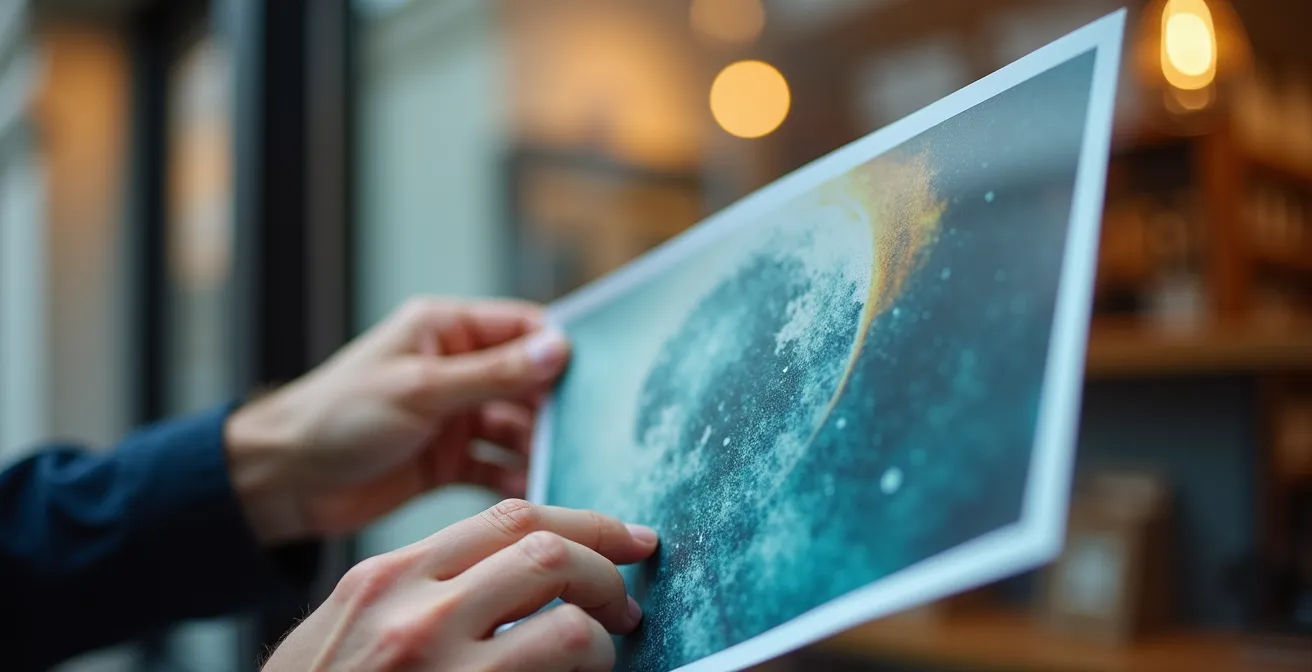 Une main experte place avec soin une affiche promotionnelle colorée dans le cadre d'une vitrine de magasin.